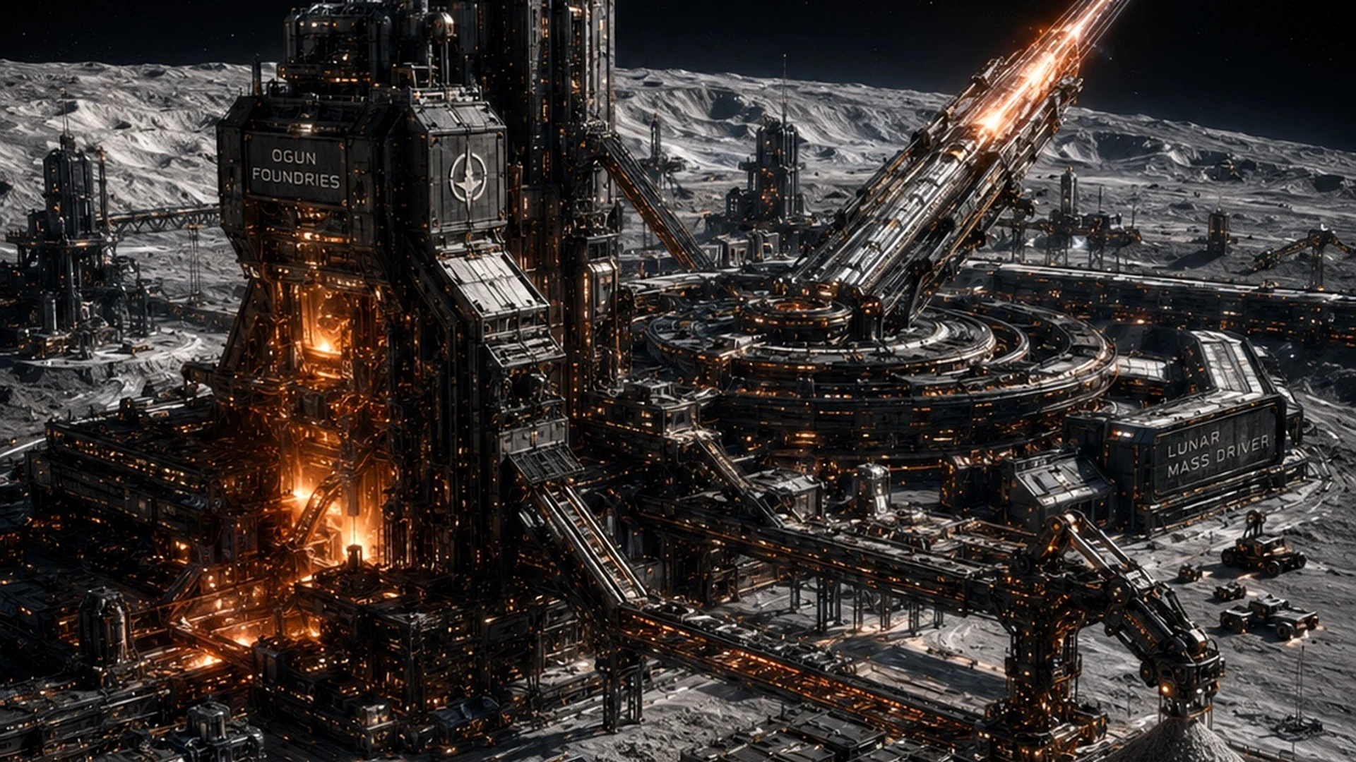 Concept visualization of a lunar metal foundry and mass driver
