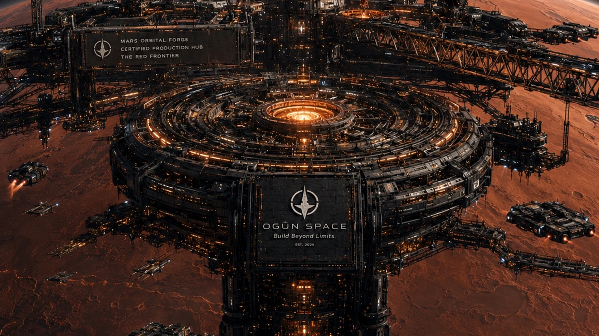 Concept visualization of an orbital forge above Mars