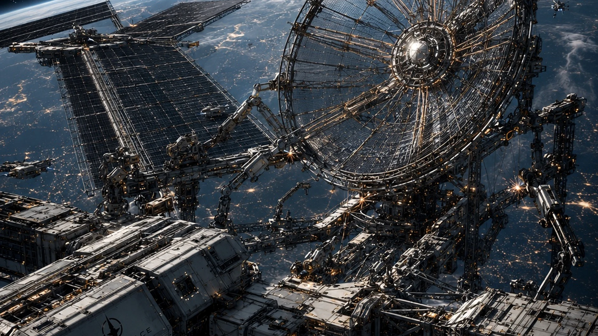 Concept visualization of an orbital manufacturing array and large dish structure