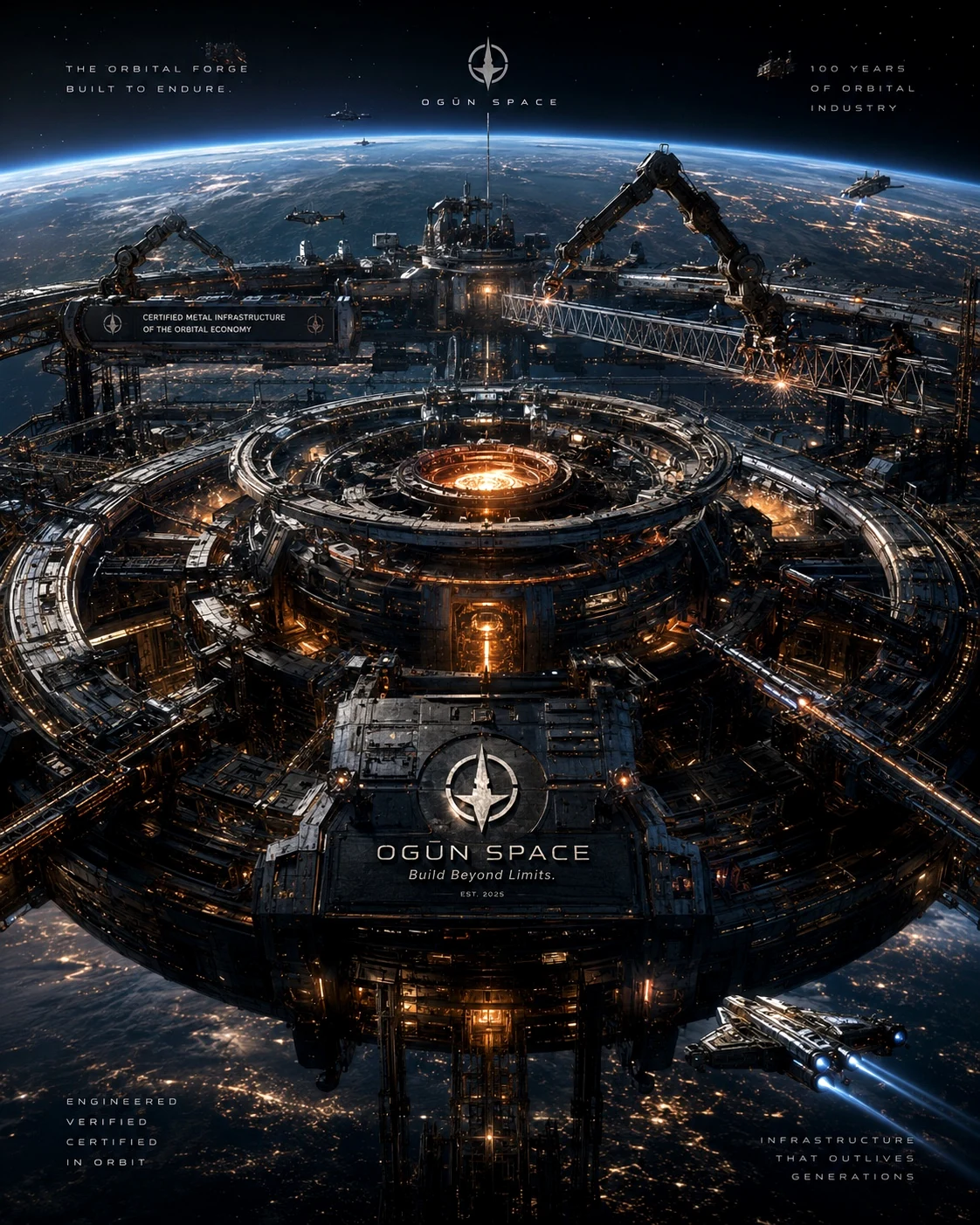 Concept visualization of a circular orbital forge platform
